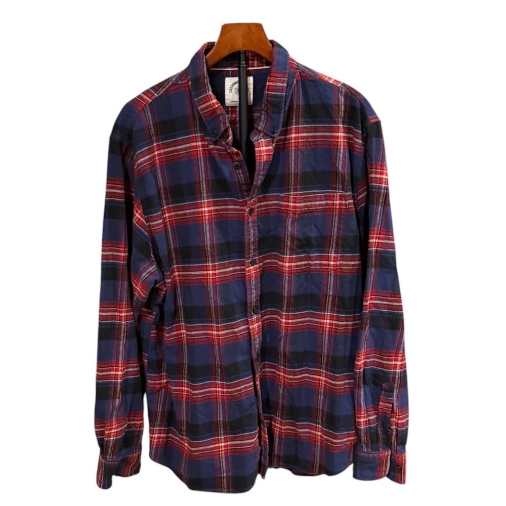 Dubinik Mens XL Flannel Shirt Navy Red Plaid Cotton Button Down Long Sleeve